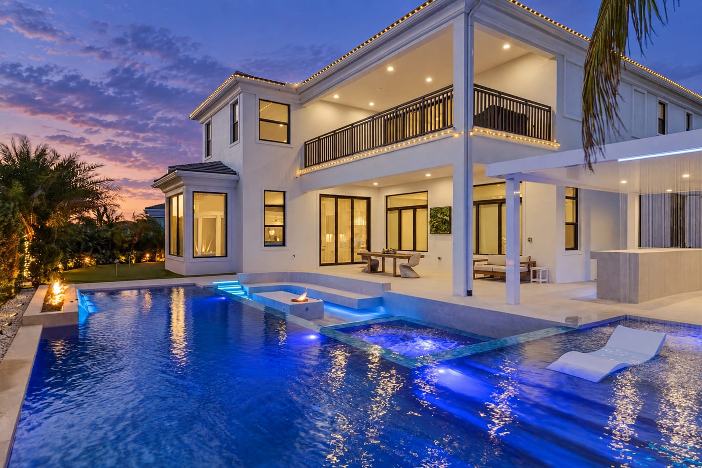 After: the same pool at twilight, house lights on